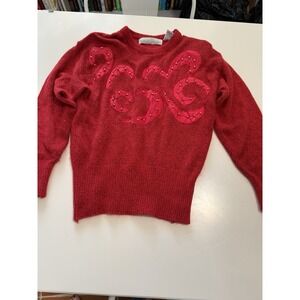 Bramble Lane Vintage‎ Women's Red Beaded Heart Knit Crewneck Pullover Sweater M